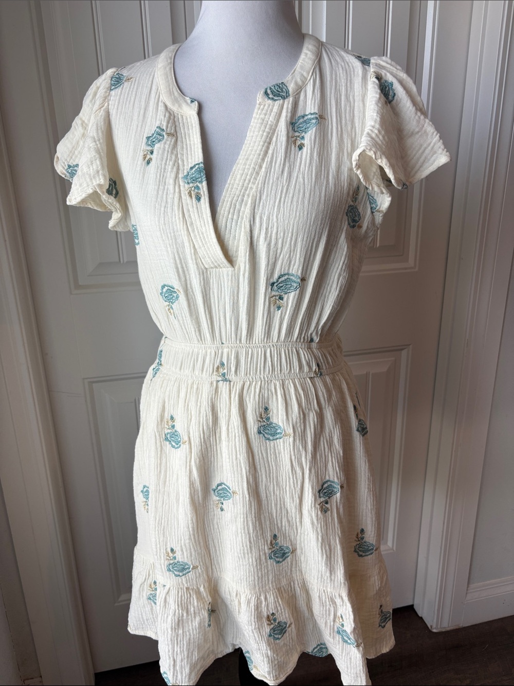 Mystree Cream Gauze Mini Dress with Teal Embroidered Roses